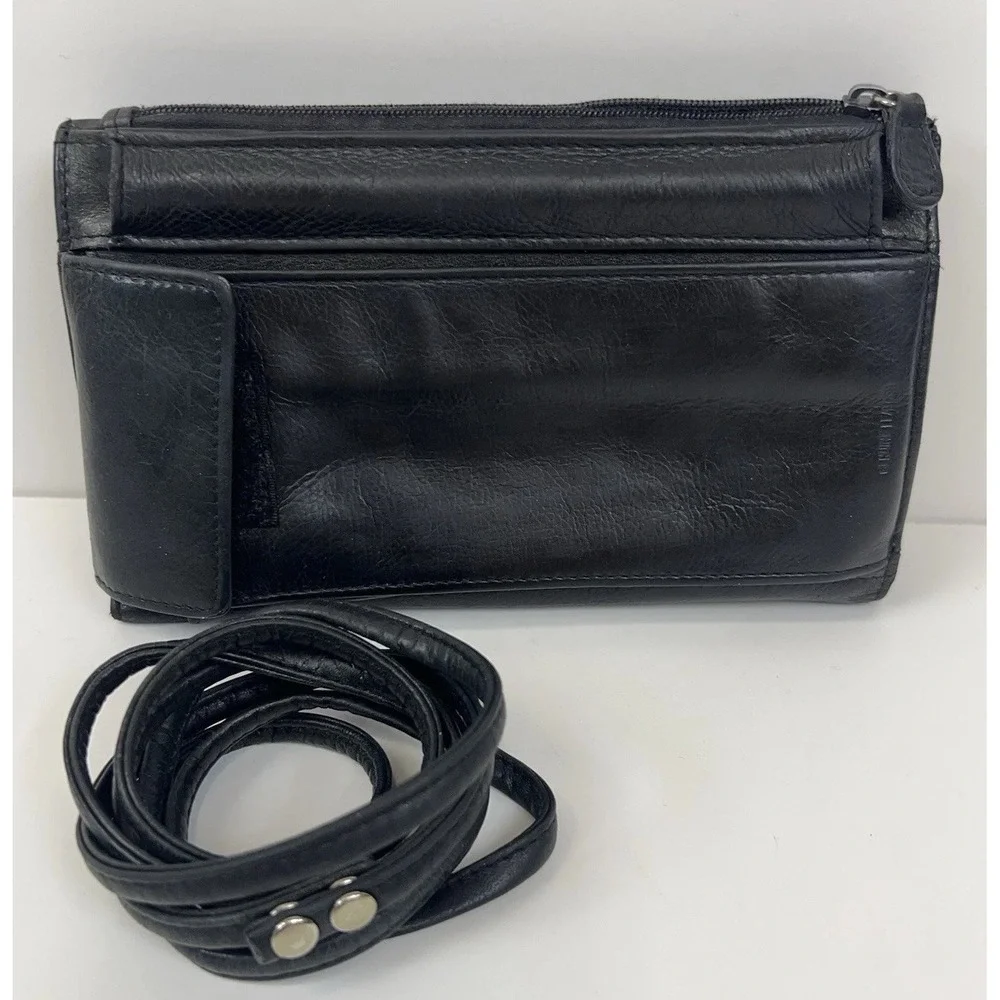 FOSSIL Leather Wallet Clutch Removable Crossbody Shoulder Strap‎ Organizer Black